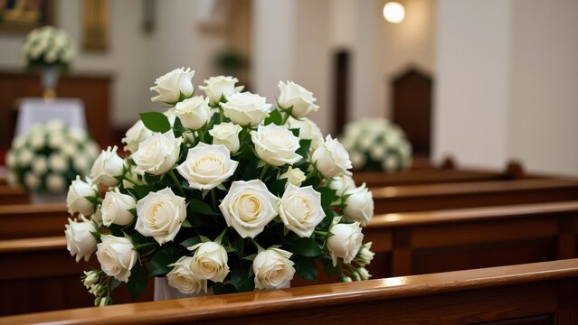 Elegant arrangement of white roses in a church setting, perfect for wedding decor, floral design, and romantic event themes