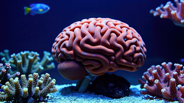 Close-up view of a colorful brain coral and tropical fish in vibrant underwater reef scene