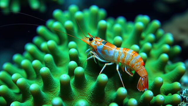 Close-up of a vibrant orange and white shrimp on a bright green coral underwater scene, showcasing marine life and oceanic biodiversity
