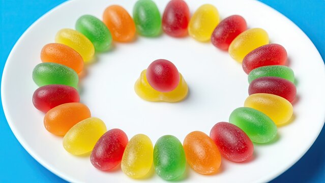 Colorful Jelly Beans Arranged in Circular Pattern on White Plate with Blue Background, Candy, Confectionery, Snack, Sweet, Food, Treat, Bright Colors, Gourmet, Delicious, Popular S