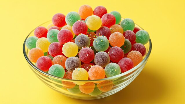 Colorful jelly beans in a clear glass bowl on bright yellow background, vibrant candy assortment for confectionery or snack commercial use