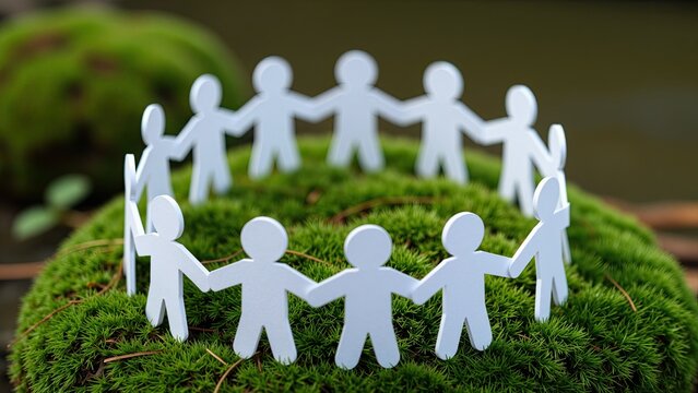 White paper cutout figures forming a circle around a patch of green moss symbolizing unity, community, teamwork, collaboration, friendship, environmental connection, nature, eco-fr