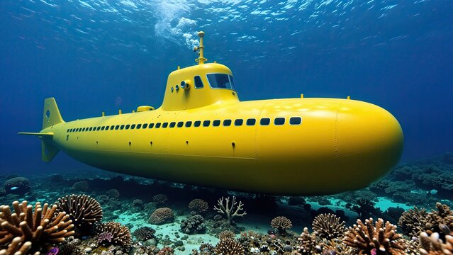Bright yellow submarine navigating underwater near coral reef with diverse marine life and vibrant corals