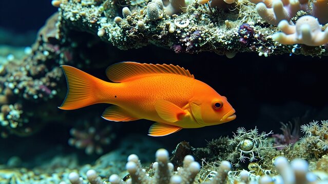 Bright orange fish swimming among colorful coral reefs in underwater marine environment, vibrant aquatic scene with tropical fish and diverse sea life