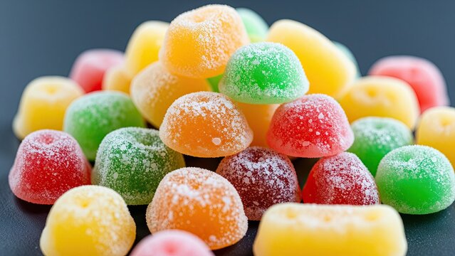 Colorful Fruit Gummies Candies with Sugar Coating in Different Shapes and Bright Colors, Sweet Snacks, Confectionery, and Candy Assortment Display
