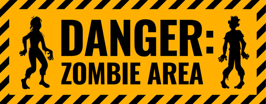 Halloween zombie area warning danger sign, caution and attention plate symbol. Yellow and black hazard design with zombie silhouettes. Vector warning sign for Halloween party decorations or room decor