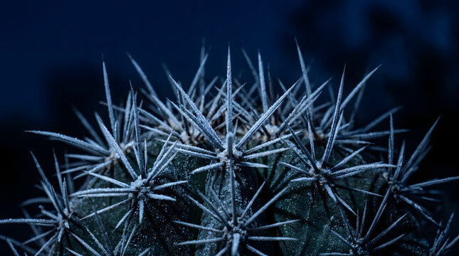 Macro photography of dark blue cactus thorns displaying sharp textures and intricate patterns for natural botanical design themes.