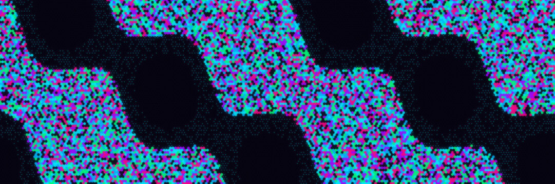 Futuristic neon hexagon matrix banner with dynamic pixel wave patterns, representing artificial intelligence and high-tech digital data flow.