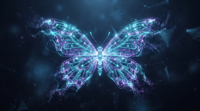 Futuristic digital butterfly made of glowing blue light particles and cybernetic circuits