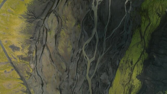 Top Down Aerial of Braided River Channels, Iceland Highlands