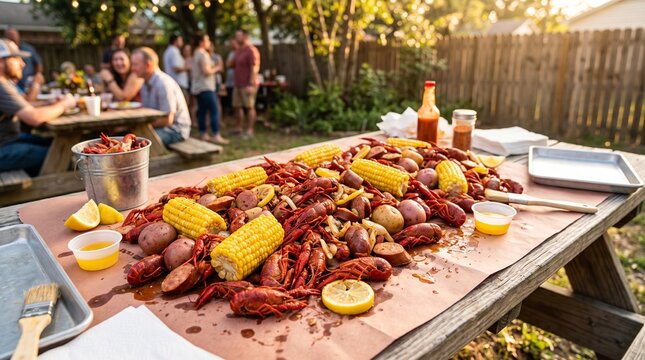 Traditional seafood crawfish boil with corn potatoes and spicy sausage served outdoors on wooden picnic table in warm sunset light for community feast concept