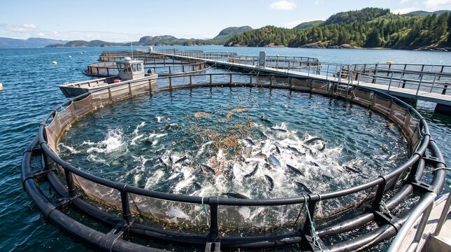 Active salmon jumping during fish farm pellets feeding aquaculture operations on clear coastal ocean waters under bright daylight for sustainable food industry concept