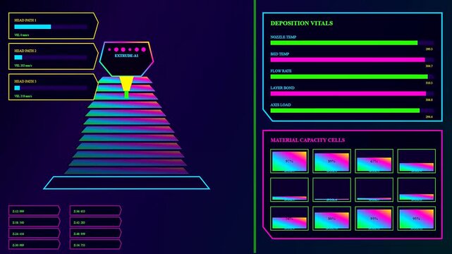 a colorful printing matrix interface displays data feeds within a digital monitoring screen showing stacked layers forming pyramidal shapes with neon glowing metrics and charts