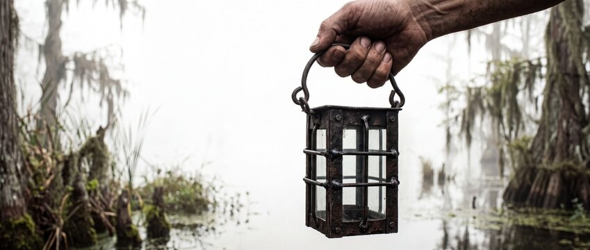 Rugged human hand holding ancient metal lantern against backdrop of foggy swamp landscape offers dramatic lighting source for historical or mystery narratives.