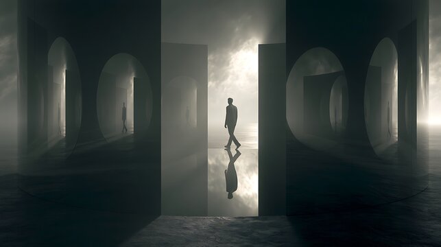 704. A psychological illustration of Emotional Rumination. A person walking in circles inside a small, round room made of dark mirrors, where every mirror reflects a slightly different version 