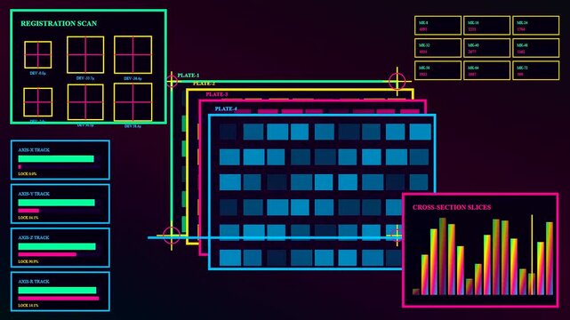 A digital printing matrix display showing complex layers of alignment data with multiple bar charts and glowing squares on a dark purple screen for analysis