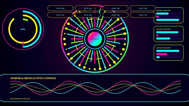 A vibrant digital printing matrix visualization interface displays intricate circular data clusters and animated sine wave patterns that pulse across a dark computer screen interface environment