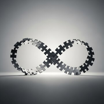 3D infinity symbol constructed from interlocking dark gray textured puzzle pieces standing on a gray surface with studio lighting, representing continuity, connection, and complexity.