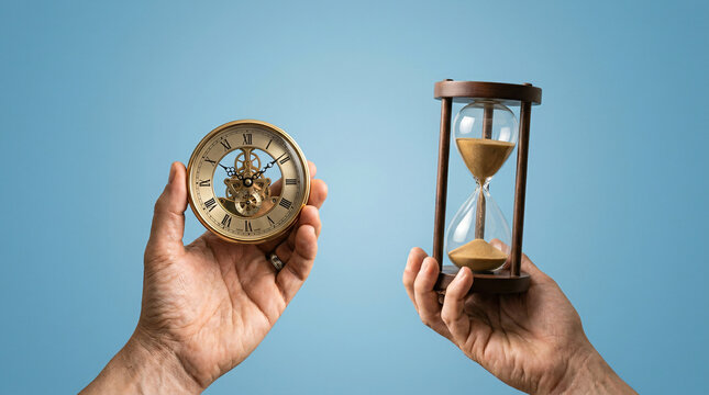 Surreal conceptual composite image hands holding classic mechanical clock face shifting sand hourglass blue background time management deadline ticking concept life speed process planning