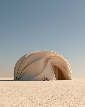 Surreal desert pavilion formed like softly folded fabric creates an elegant minimalist retreat, with a bicycle emphasizing the monumental scale and flowing architecture.