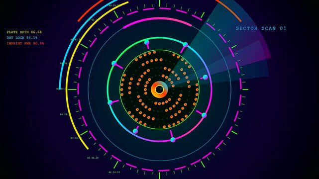 A detailed printing matrix displayed within a futuristic interface showing multiple circular digital readouts with vibrant neon colors and rotating orbital elements set against darkness