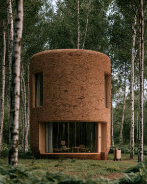 Surreal cylindrical cork hotel stands among slender birch trees, combining organic texture, contemporary woodland architecture and an unexpected sense of scale.