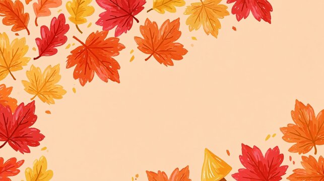Colorful hand drawn autumn leaves frame on a warm beige background with large central copy space