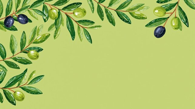Hand drawn olive branches with green and black olives framing a fresh green background with generous copy space