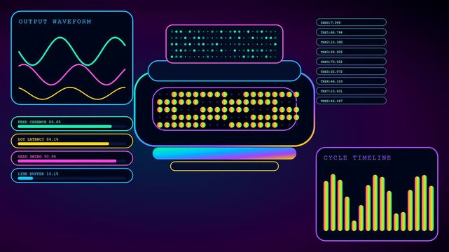 A digital printing matrix display shows colorful glowing line graphs with flickering circular nodes inside modular interface panels for monitoring complex system performance data and information