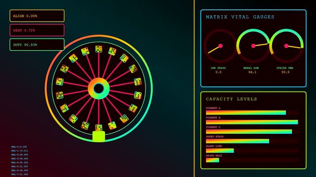 a colorful printing matrix display showing fluctuating machine status data gauges and capacity bars in a sequence of digital dashboard changes over time in motion