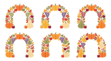 Naklejka premium Festive autumn harvest arched frames featuring pumpkins grapes apples and seasonal leaves in vector graphic style