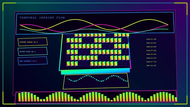 The complex printing matrix displays oscillating waveform data and luminous digital grid patterns flowing across a dark interface screen during active system analysis and procedural data processing