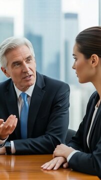 Senior businessman talking with a young businesswoman in a corporate office meeting, discussing strategy and professional ideas.