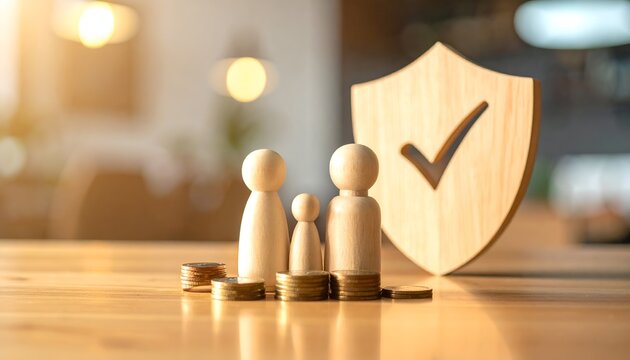 Wooden family figures surrounded by coins and a protective shield, illustrating household finances, financial security, savings, insurance, stability, and family wellbeing.