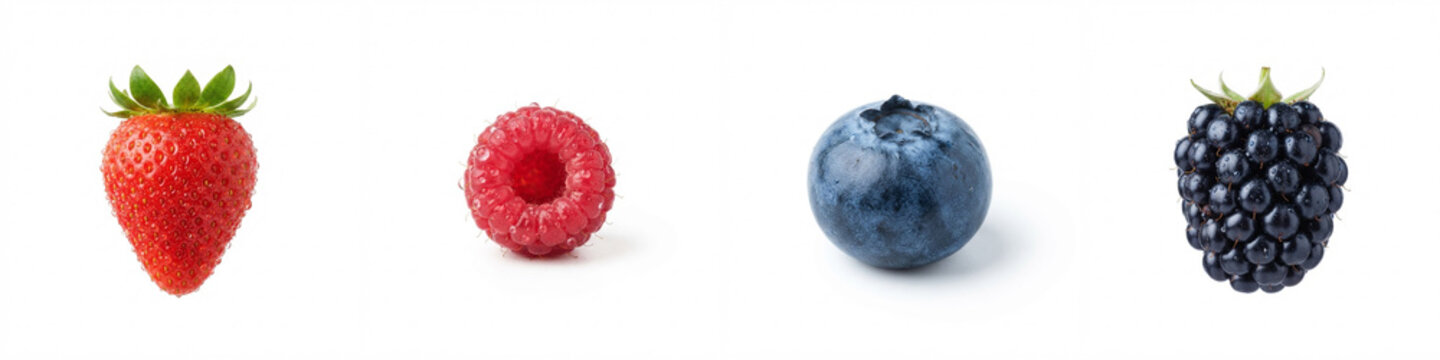 Fresh berries in a row isolated on a clean white background featuring ripe strawberry, raspberry, blueberry, and blackberry with glistening water drops for healthy food packaging