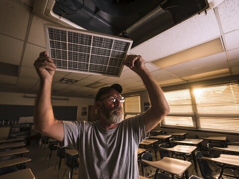 A man in a classroom holding a dirty air filter he has removed from the ceiling. He is wearing glasses and a cap, and the classroom has desks and chairs
