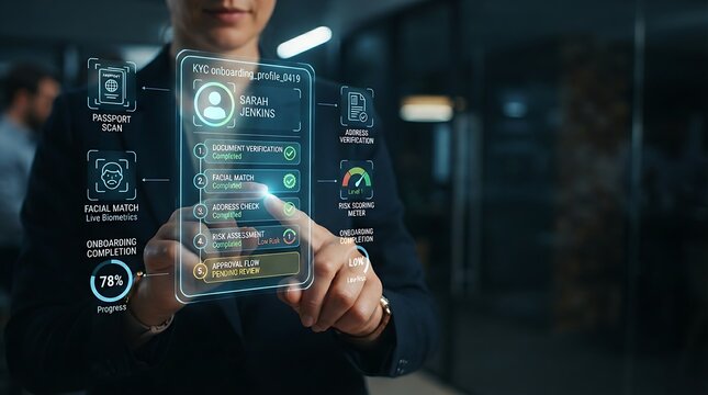 Compliance professional interacting with holographic KYC digital onboarding identity verification interface for enterprise customer due diligence and regulatory compliance management solutions.