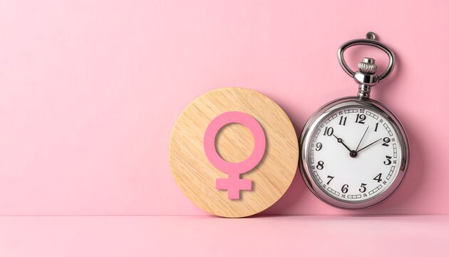 Wooden female gender symbol positioned beside a vintage pocket watch on a pink background, representing women's identity, equality, femininity, and changing social perspectives.