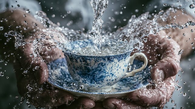 723. A psychological art piece about Emotional Overwhelm. A person trying to catch a falling waterfall using a single, small porcelain teacup, watching the water violently spill everywhere over 