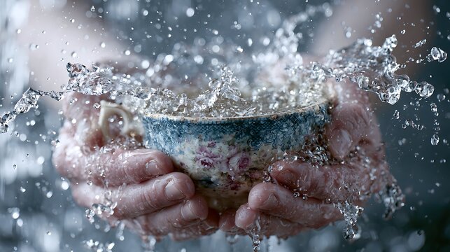 723. A psychological art piece about Emotional Overwhelm. A person trying to catch a falling waterfall using a single, small porcelain teacup, watching the water violently spill everywhere over 