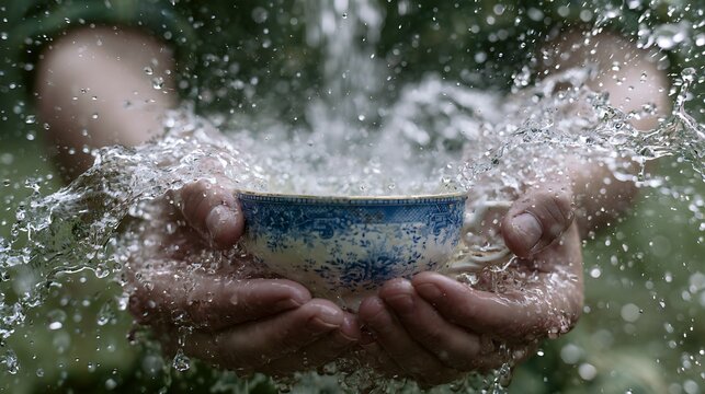 723. A psychological art piece about Emotional Overwhelm. A person trying to catch a falling waterfall using a single, small porcelain teacup, watching the water violently spill everywhere over 
