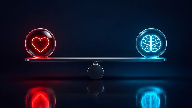 Glowing Red Heart And Blue Brain Balanced On Silver Scale Concept For Emotional Intelligence
