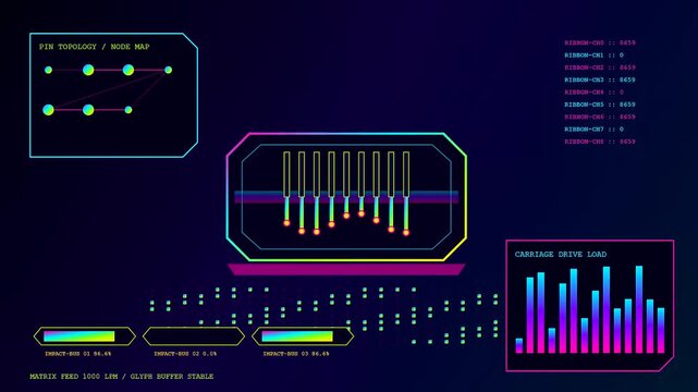 a colorful printing matrix interface displays real time node map data with moving lines and flickering lights while digital indicators monitor performance within this dark environment