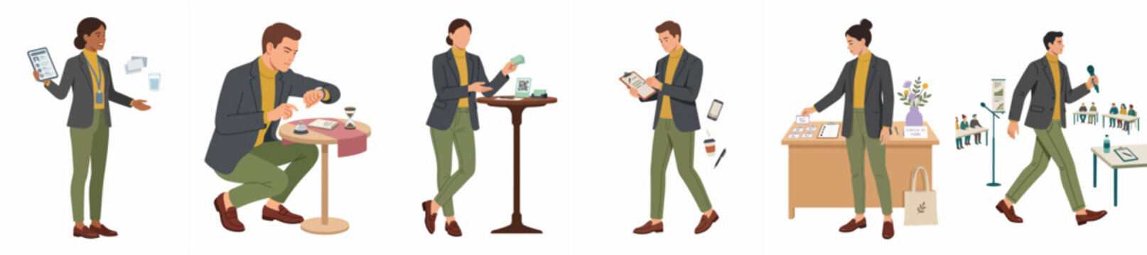 Set of flat vector illustrations showing professional people in various work scenarios, such as presenting, managing time, and performing office tasks.