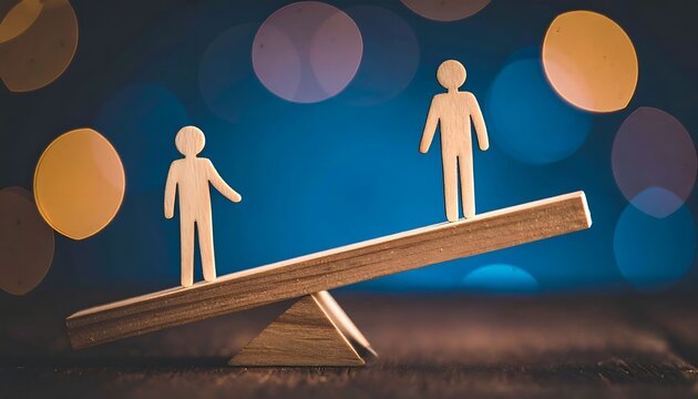 Wooden human figures on a tilted balance beam with colorful bokeh lights, representing inequality, imbalance, competition, decision making, risk, and changing priorities.