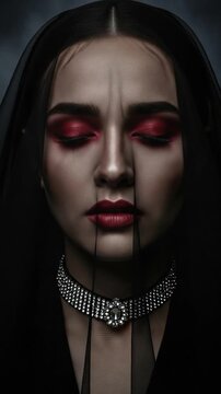 Gothic woman in black veil with dark red makeup and crystal choker for dark fantasy art
