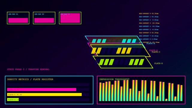 A digital printing matrix display shows complex manufacturing data arrays flickering across multiple panels to monitor flow rates and registration patterns in a modern industrial setting