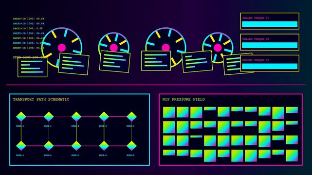 A digital printing matrix display showing complex mechanical status indicators with rotating gauges and glowing schematic flow diagrams pulsing in a dark monitor computer interface