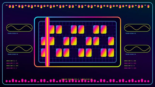 A digital printing matrix display illuminates a dark interface while displaying repeating grid cycles and neon colorful block patterns within a glowing virtual control console