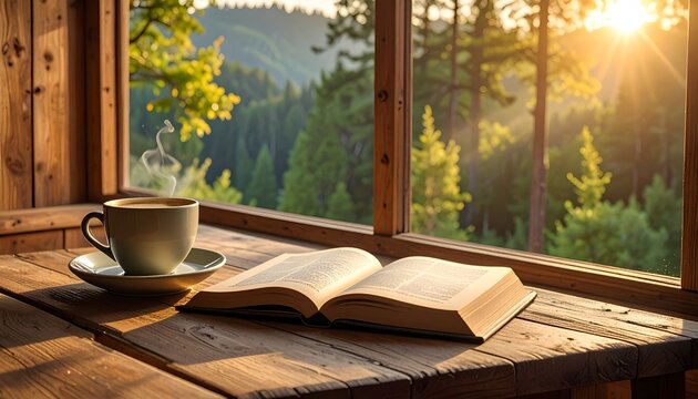 Open book and steaming coffee on a rustic wooden table overlooking a peaceful forest, creating a warm concept of reading, relaxation, learning, mindfulness, and a quiet morning routine.